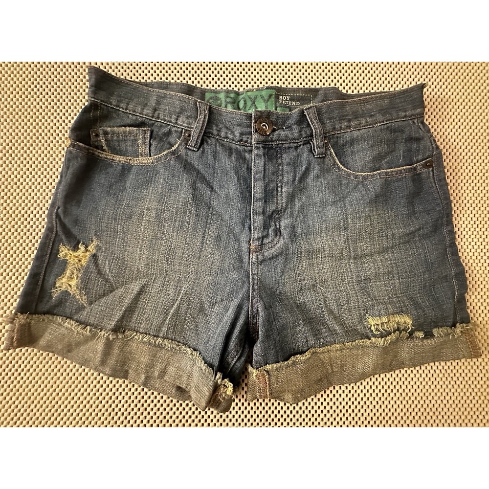 Y2K Roxy Boyfriend Denim Jean Shorts Women/JRS Size 7 Distressed Button Fly Cuff